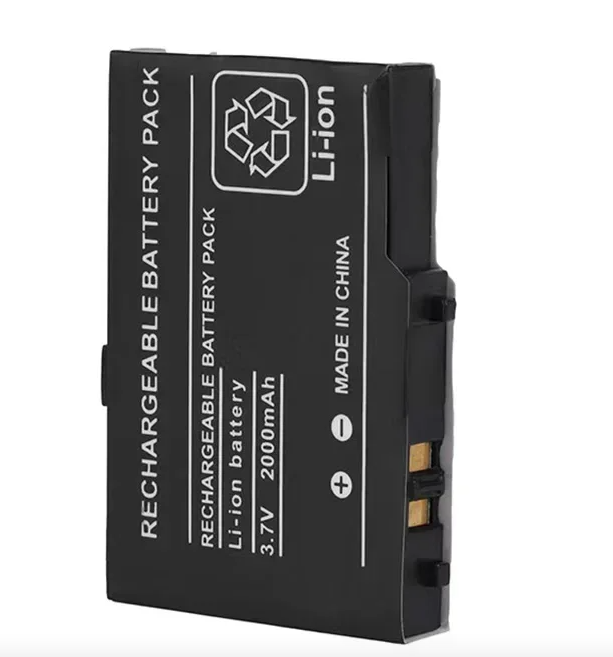Black rechargeable battery pack with text and symbols on a white background NDSL