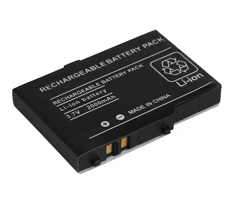 Black rechargeable battery pack with text and symbols on a white background