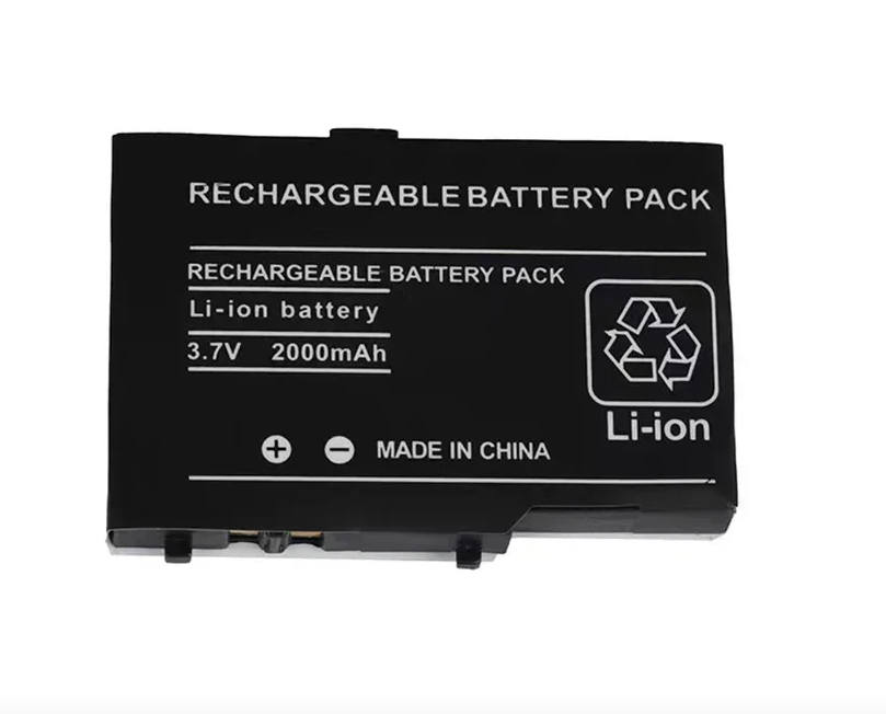 Black rechargeable battery pack with text and symbols on a white background