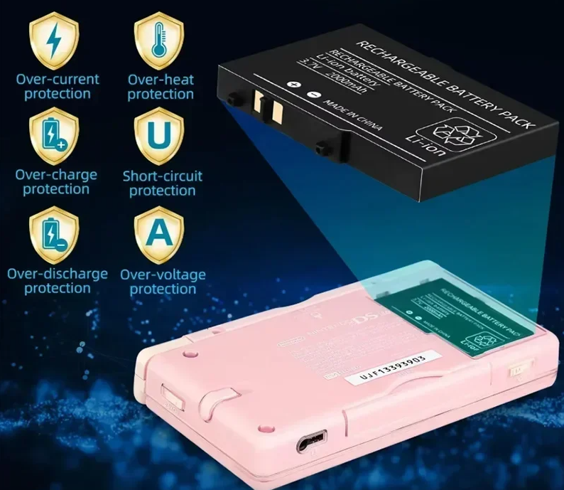 Pink rechargeable battery pack with protective features on a dark blue background
