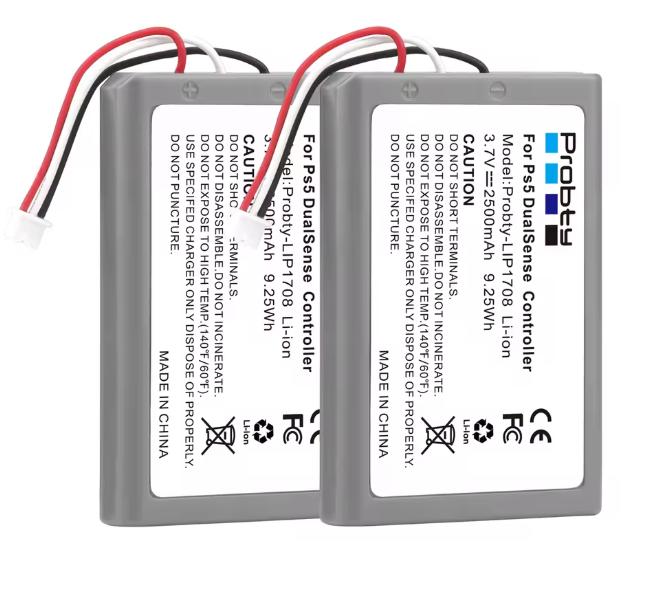 Two Propty batteries for PS5 DualSense controller on a white background