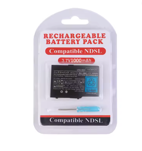 Rechargeable battery pack for NDSL with packaging on a white background