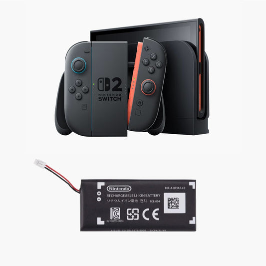 Nintendo Switch console with Joy-Con controllers and a rechargeable battery pack on a white background