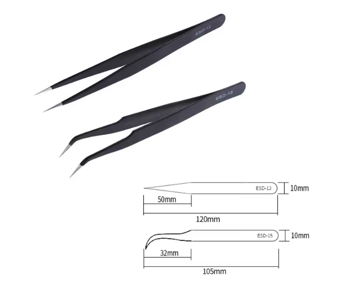 Pair of black tweezers with measurements on a white background