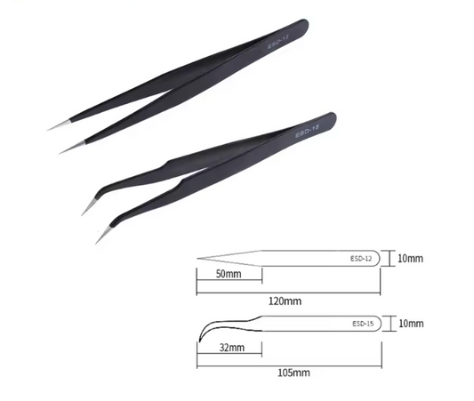 Pair of black tweezers with measurements on a white background