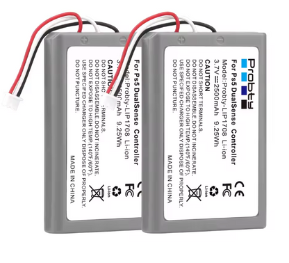 Two Propty batteries for PS5 DualSense controller on a white background