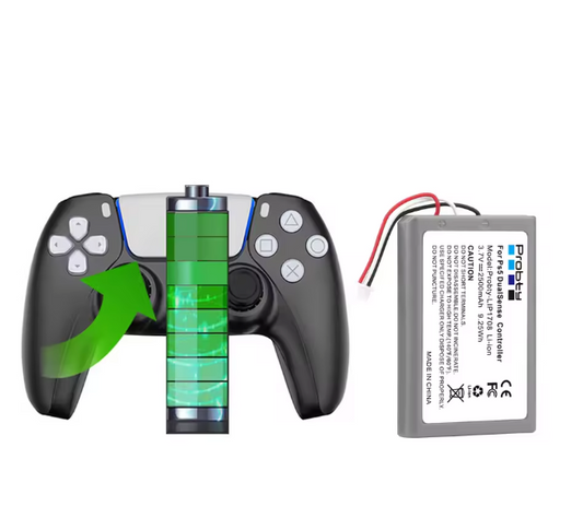 Game controller with a battery pack and a separate battery on a white background